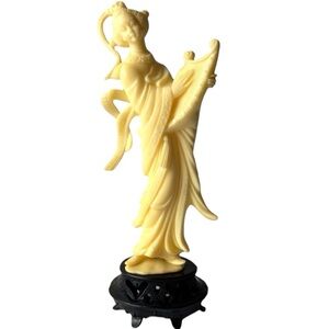 Vintage Ivory Carved Plastic Asian Figurine playing harp
